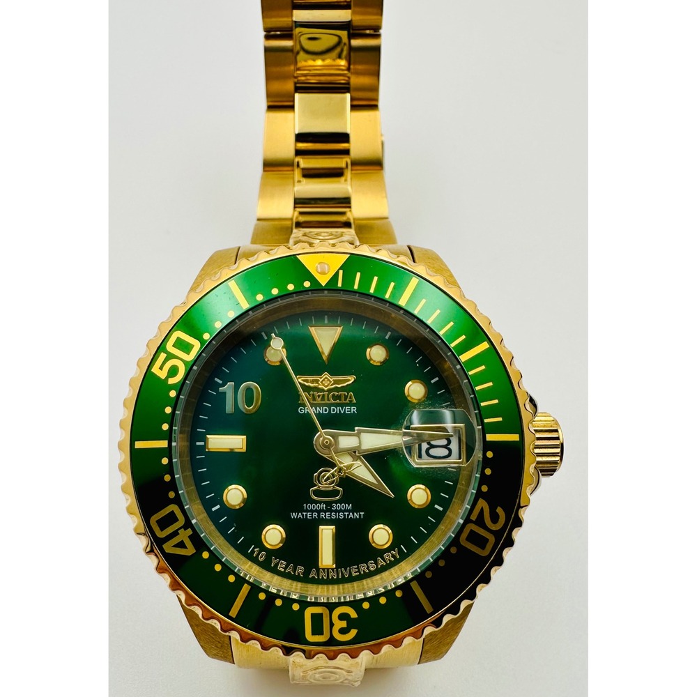 New Invicta Automatic Grand Diver 10 Year Anniversary Green Dial Gold Tone